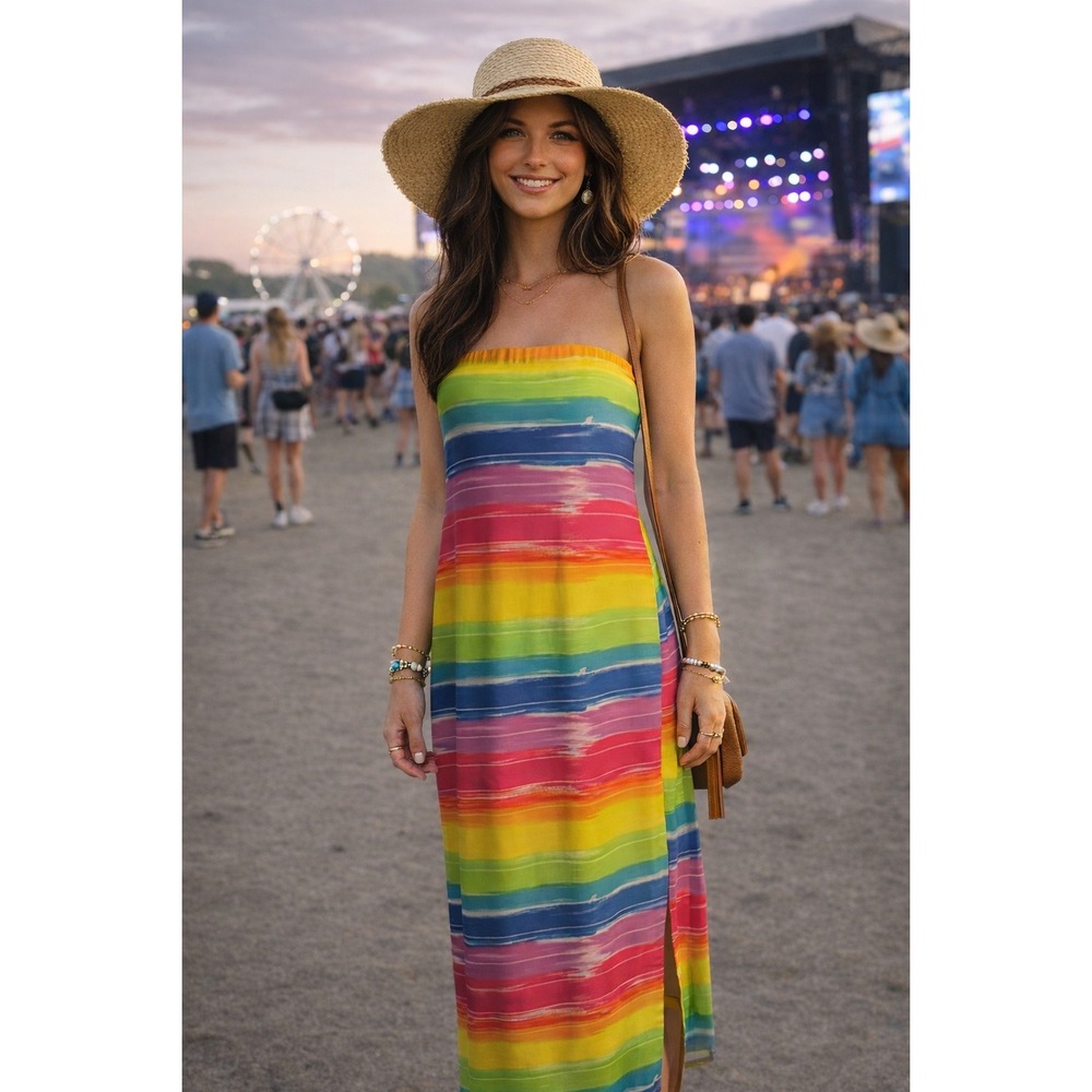 Womens Bodycon Maxi Dress M Rainbow Strapless Festival‎ Resort Tropical Beach